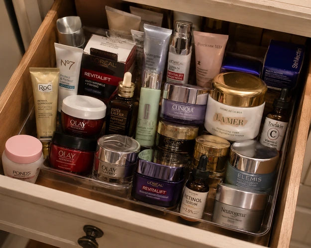 A drawer of expensive skincare that did not work