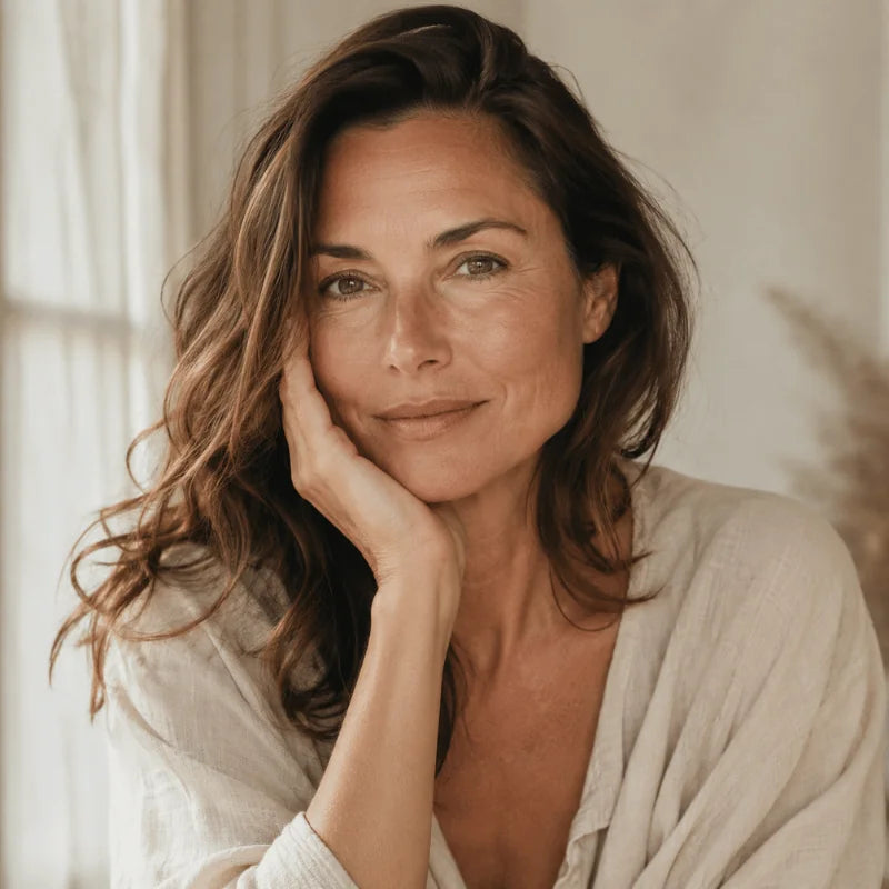 A woman gently touching her cheek, calm confident expression